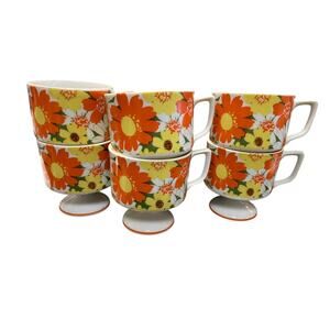 MCM Vintage Orange & Yellow Daisy Mugs set of 6